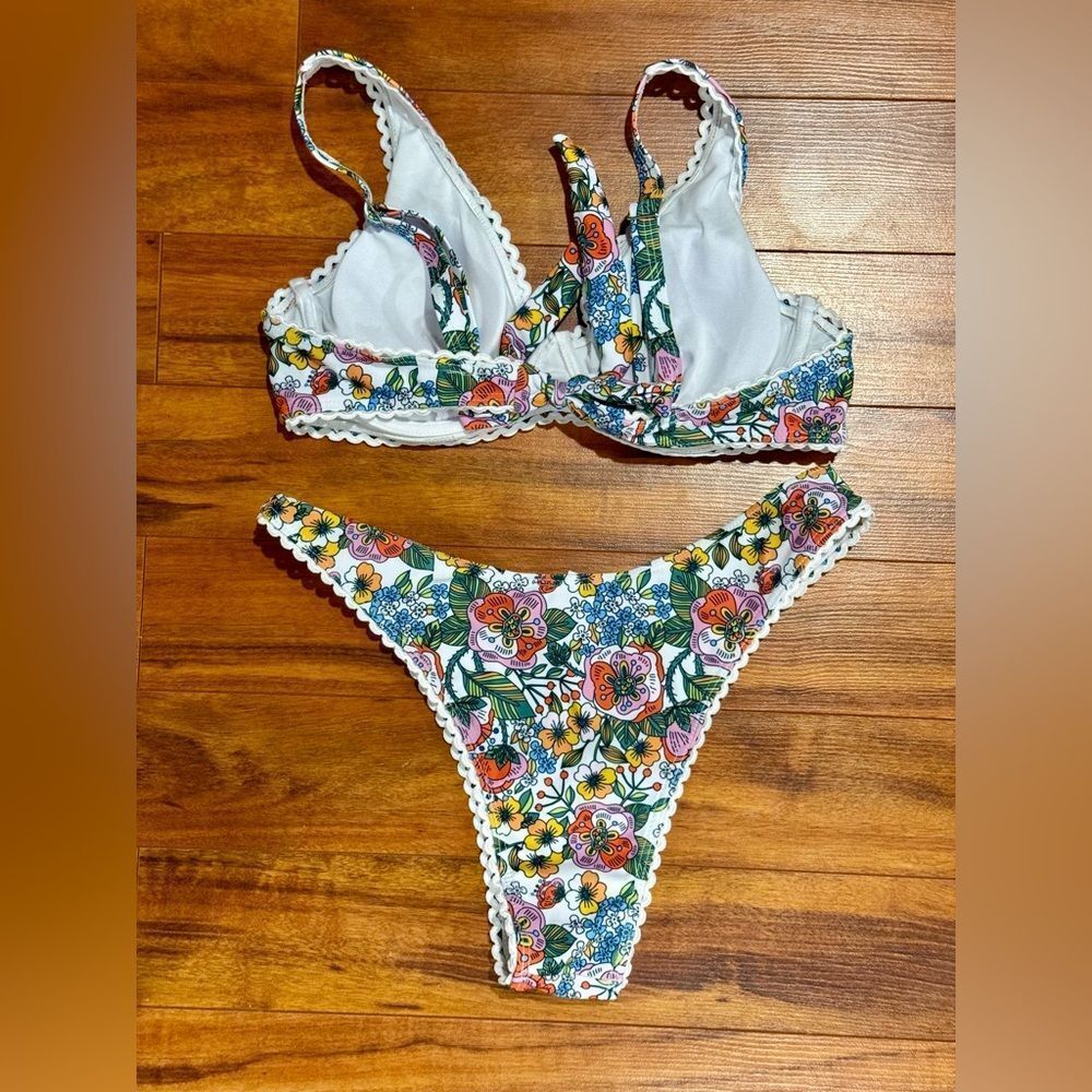 Falainetee Women's Floral Printed High Waisted Knot  Bikini Set White S NWOT - Picture 5 of 6